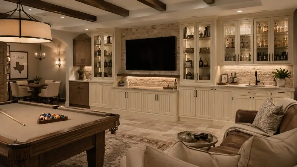 Cream Beadboard Basement — Entertainment Room & Bar