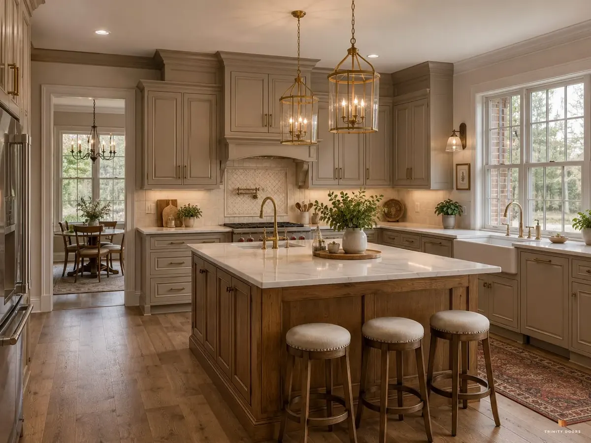French Country — Greige Painted with Stained Wood Island