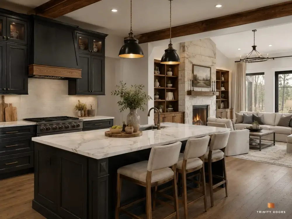Dramatic Dark Farmhouse — Black with Exposed Beams