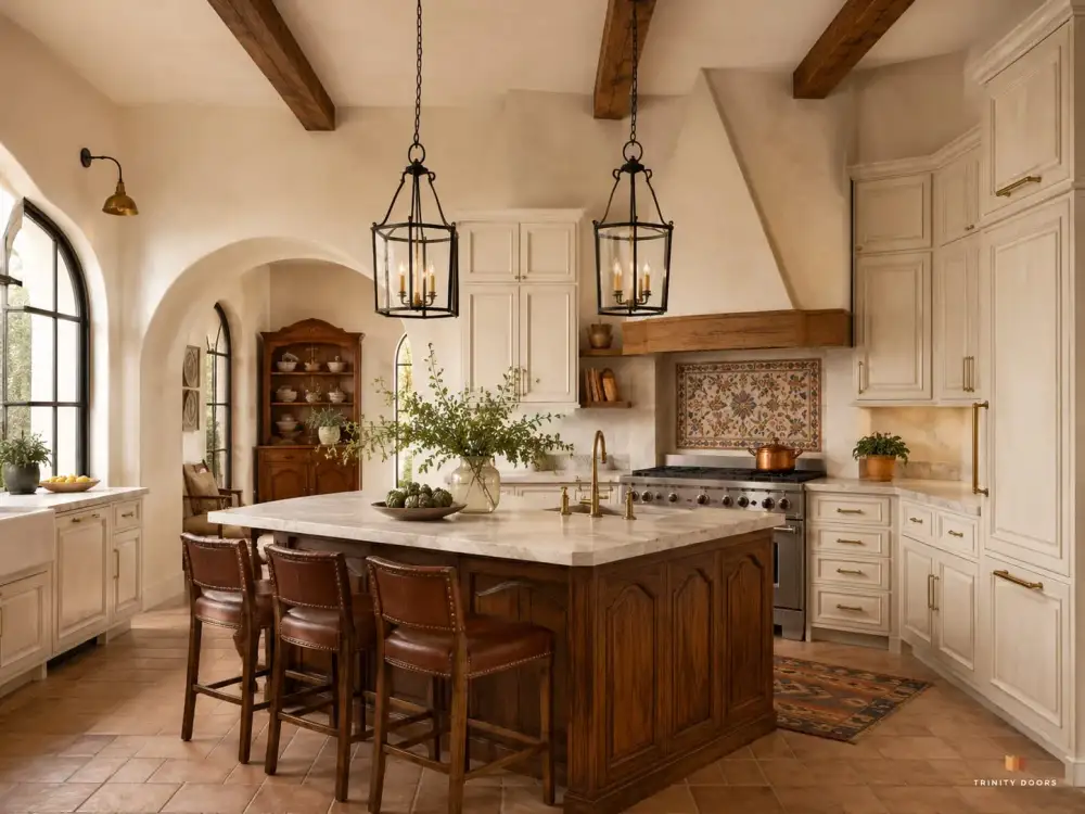 Spanish Colonial — Ivory with Decorative Tile & Wood Hood