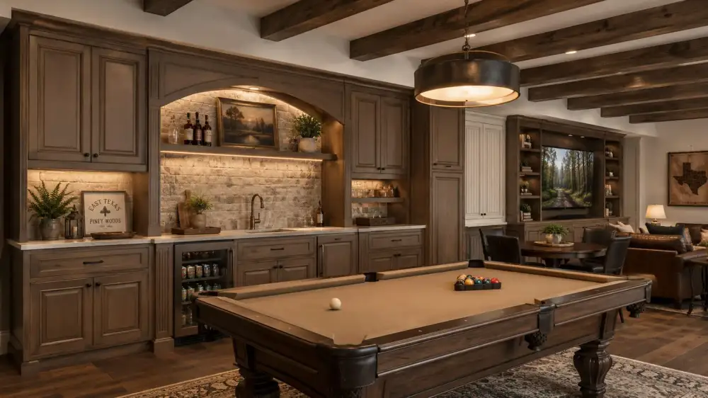 East Texas Piney Woods — Dark Rustic Basement Bar