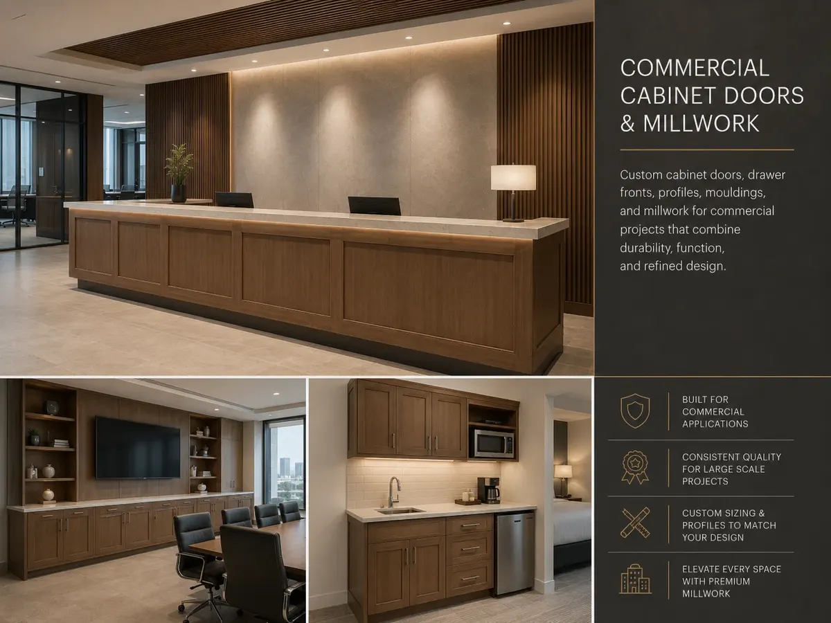 Hotel office and kitchenette with custom walnut shaker cabinet doors and drawer fronts — Trinity Doors commercial millwork
