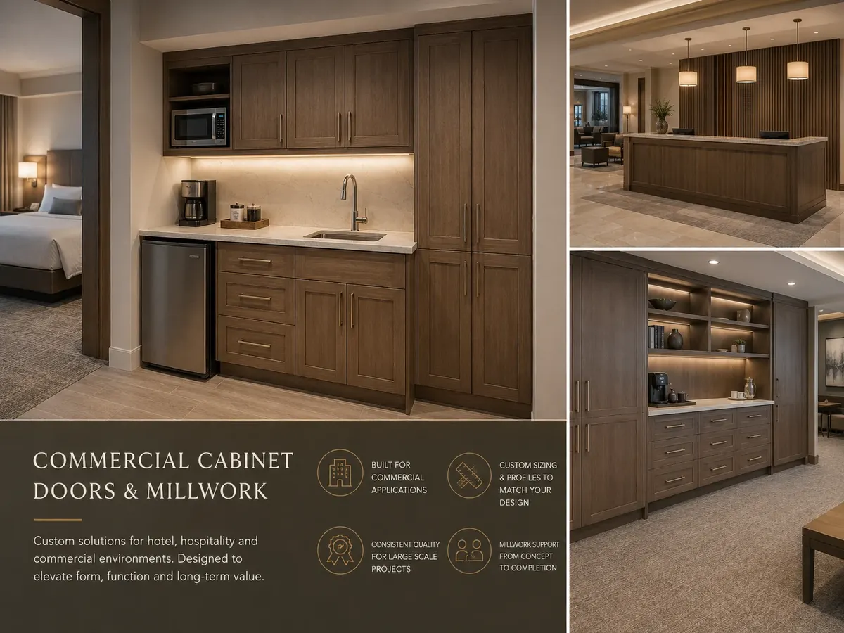 Hotel suite kitchenette and lobby built-ins with custom cabinet doors — Trinity Doors commercial orders