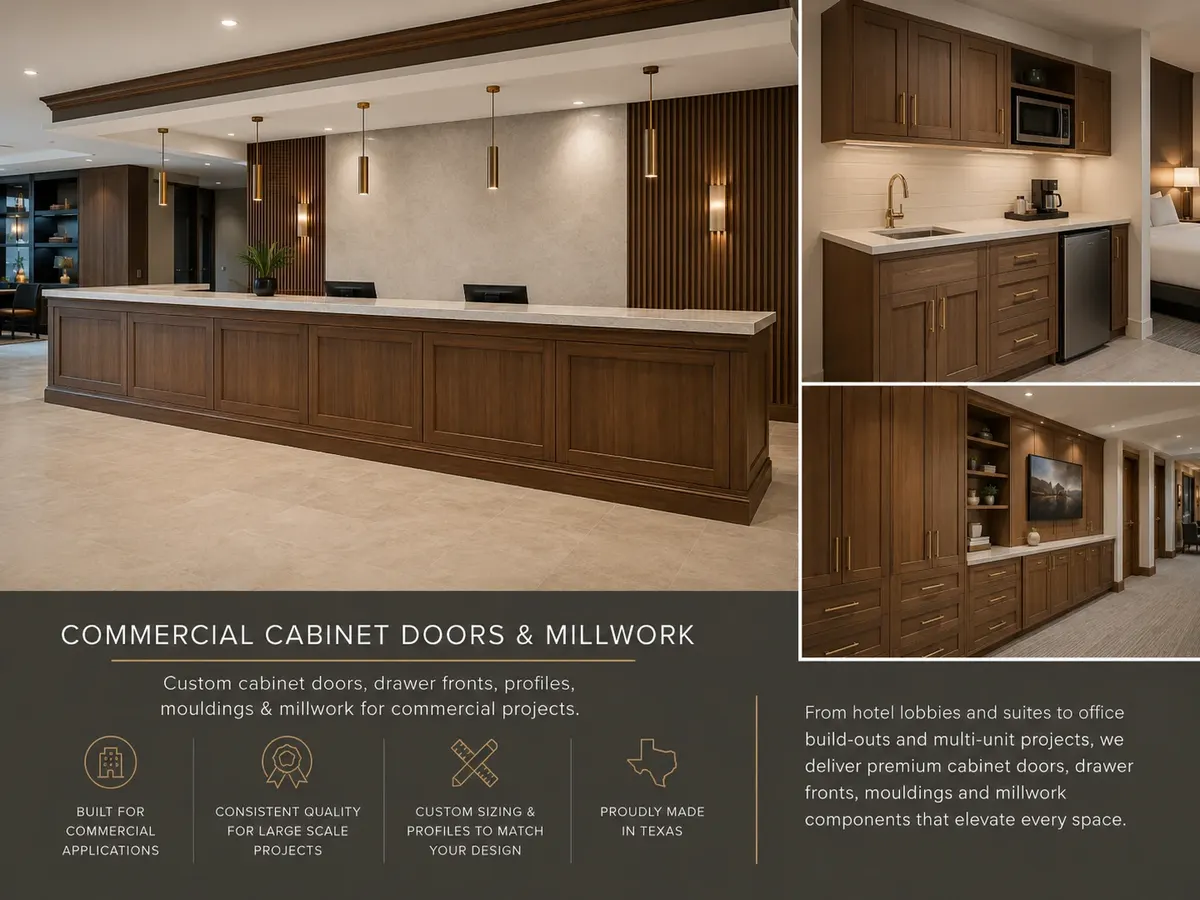 Hotel lobby reception desk with custom walnut shaker cabinet doors — Trinity Doors commercial millwork