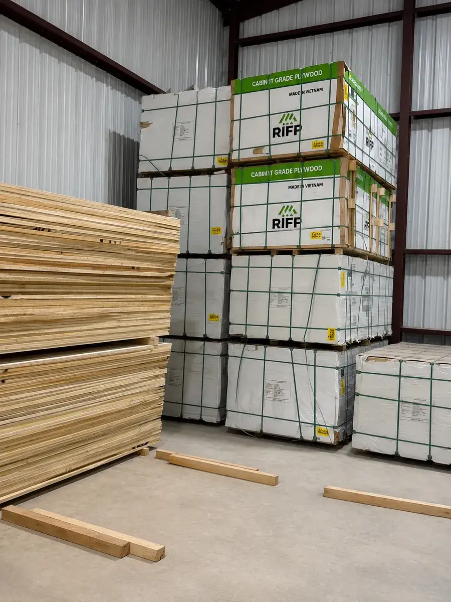 Cabinet-grade plywood stock stored at the Trinity Doors warehouse