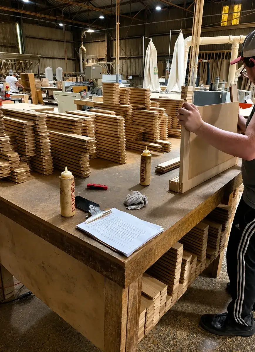 A Trinity Doors team member assembling cabinet doors at the workbench in the Vidor, Texas shop