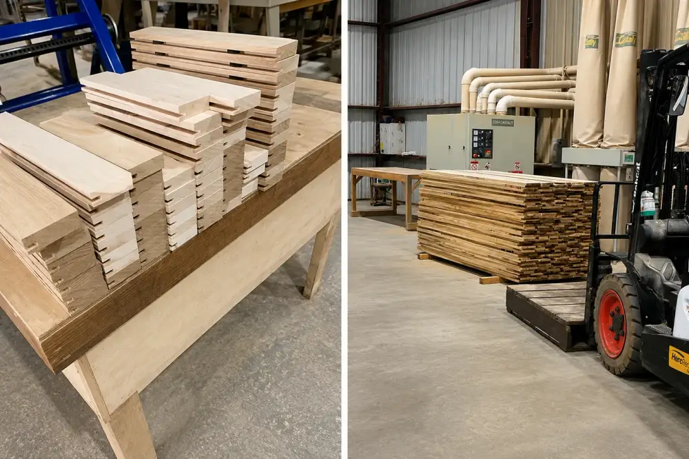 Cabinet parts staged on a forklift in the Trinity Doors shop