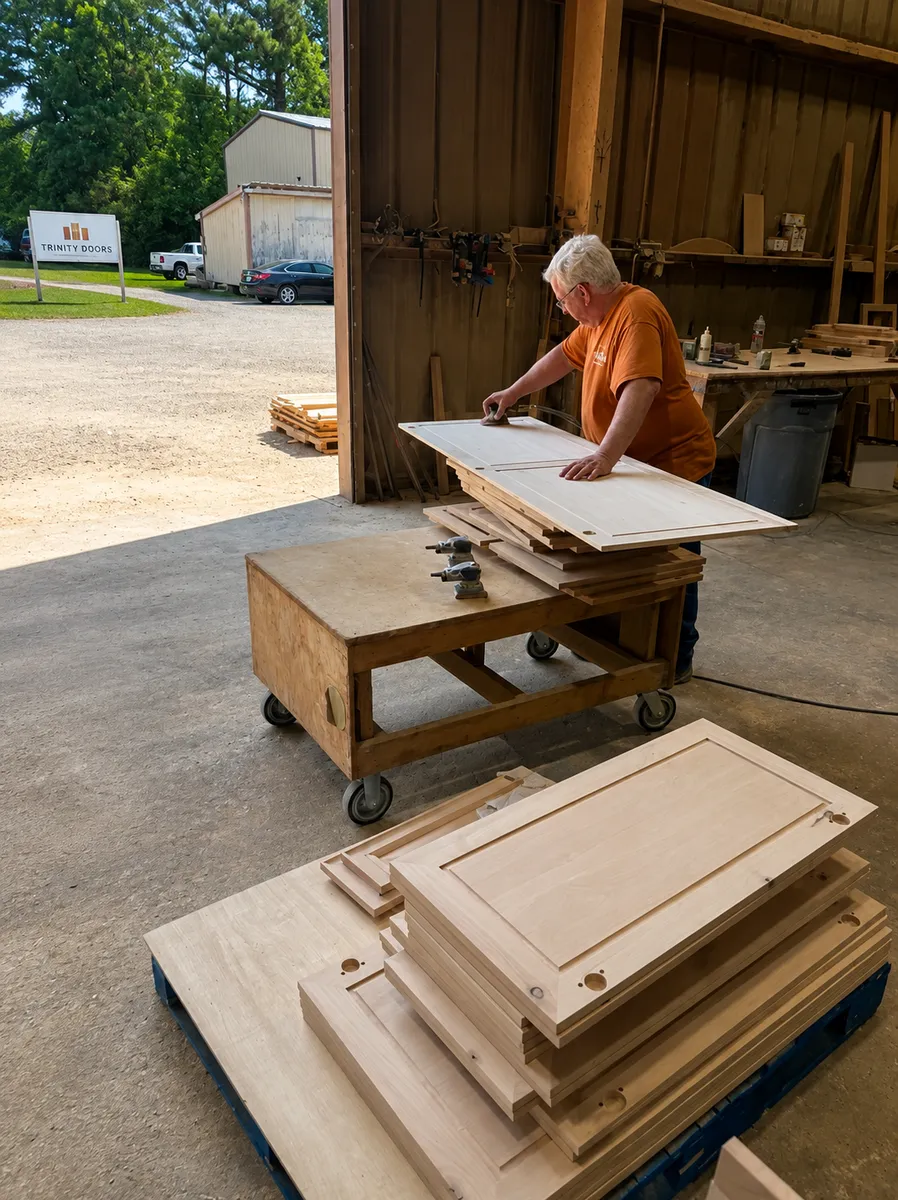 Sanding cabinet door components in the Trinity Doors shop in Vidor, Texas